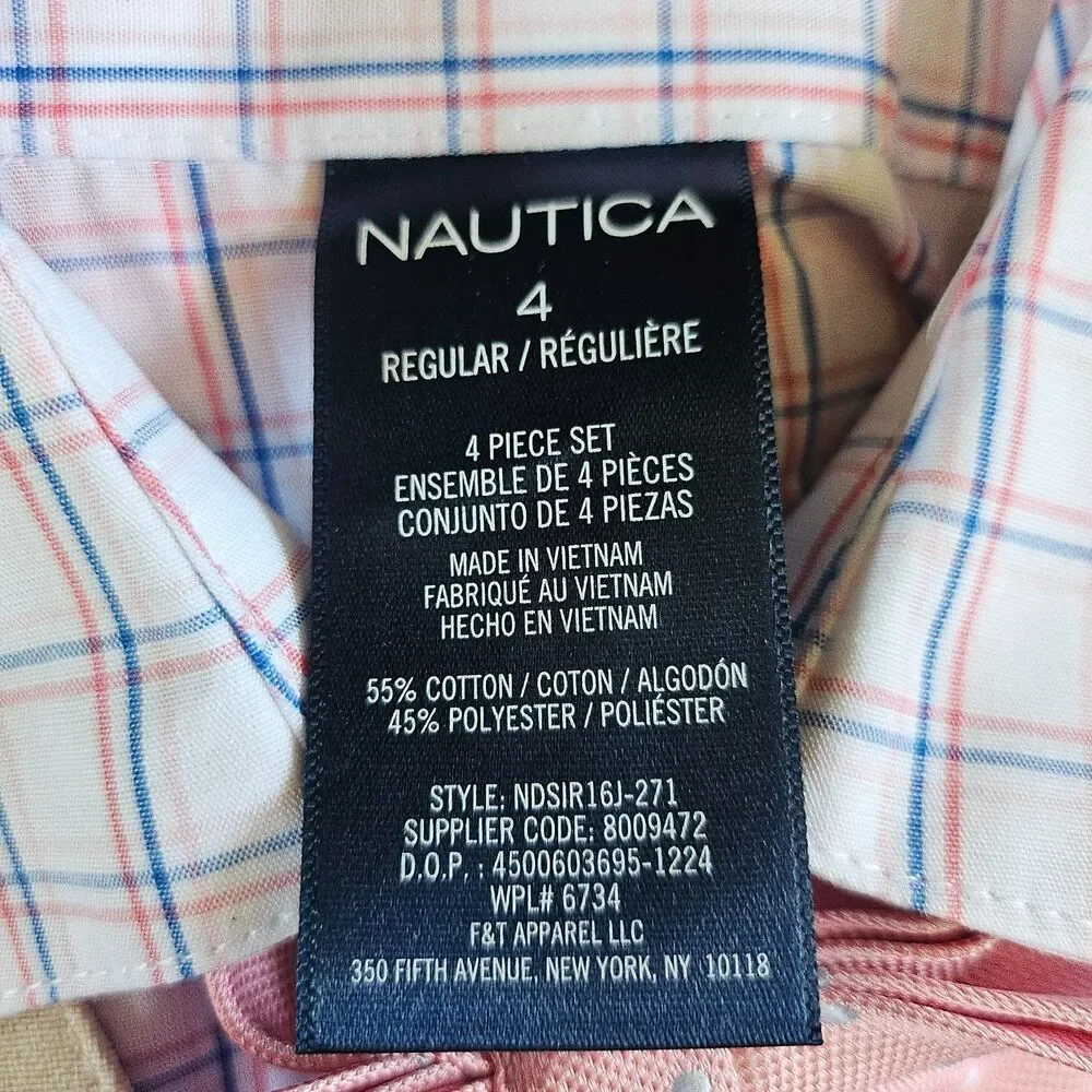Nautica Boys Kids Beige 4pc Khaki Suit Outfit Sz 4 NWT Shirt Pants Vest Bow tie